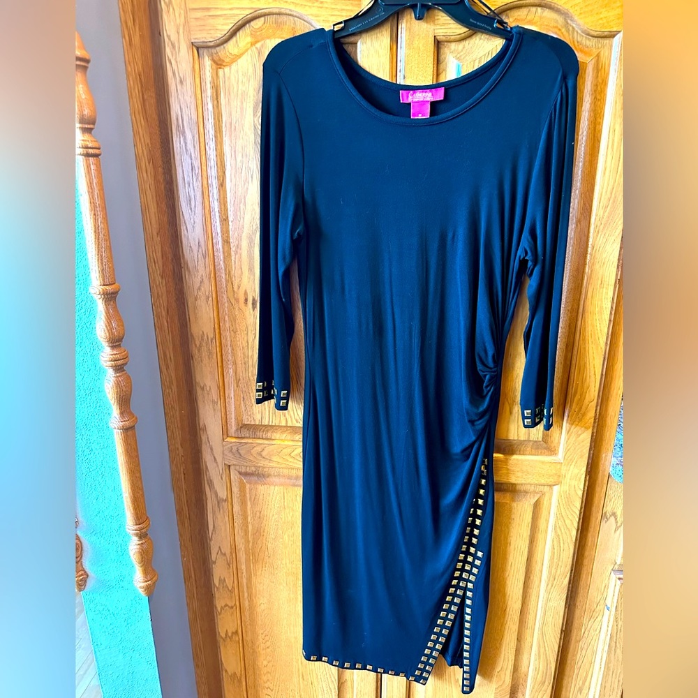 Catherine Malandrino Long Sleeve Mid Length Black Dress w/ Gold Studs Medium